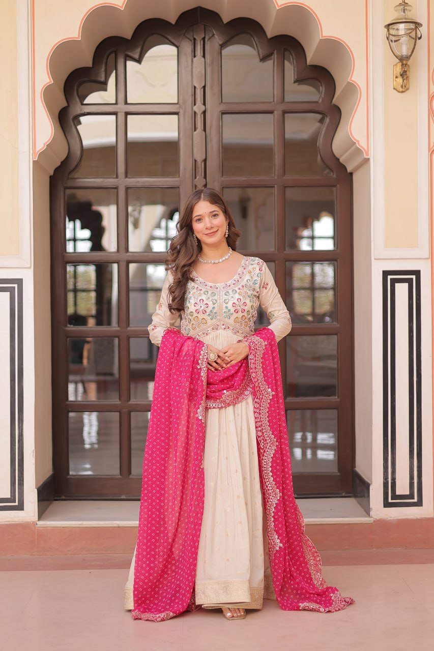 Elegant Party Wear Gown with Bandhani Dupatta – Cosmos Jacquard Embroidery