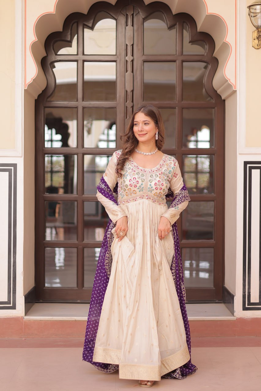 Elegant Party Wear Gown with Bandhani Dupatta – Cosmos Jacquard Embroidery