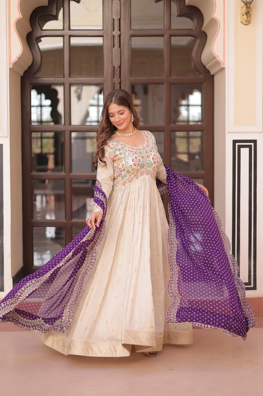 Elegant Party Wear Gown with Bandhani Dupatta – Cosmos Jacquard Embroidery