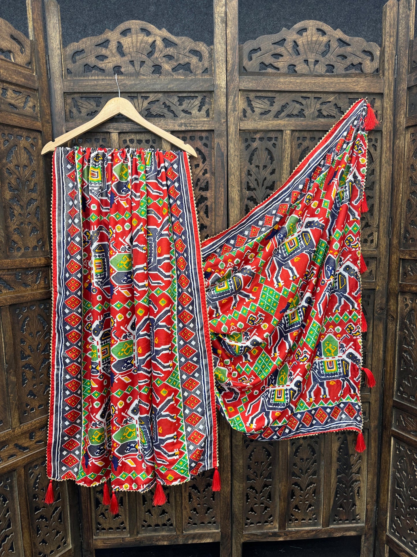 Printed Dola Silk Dupatta with Foil Work &amp; Tassels | Rivya Collection