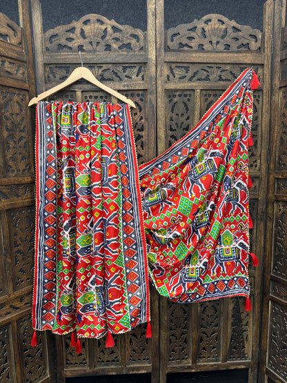 Printed Dola Silk Dupatta with Foil Work &amp; Tassels | Rivya Collection