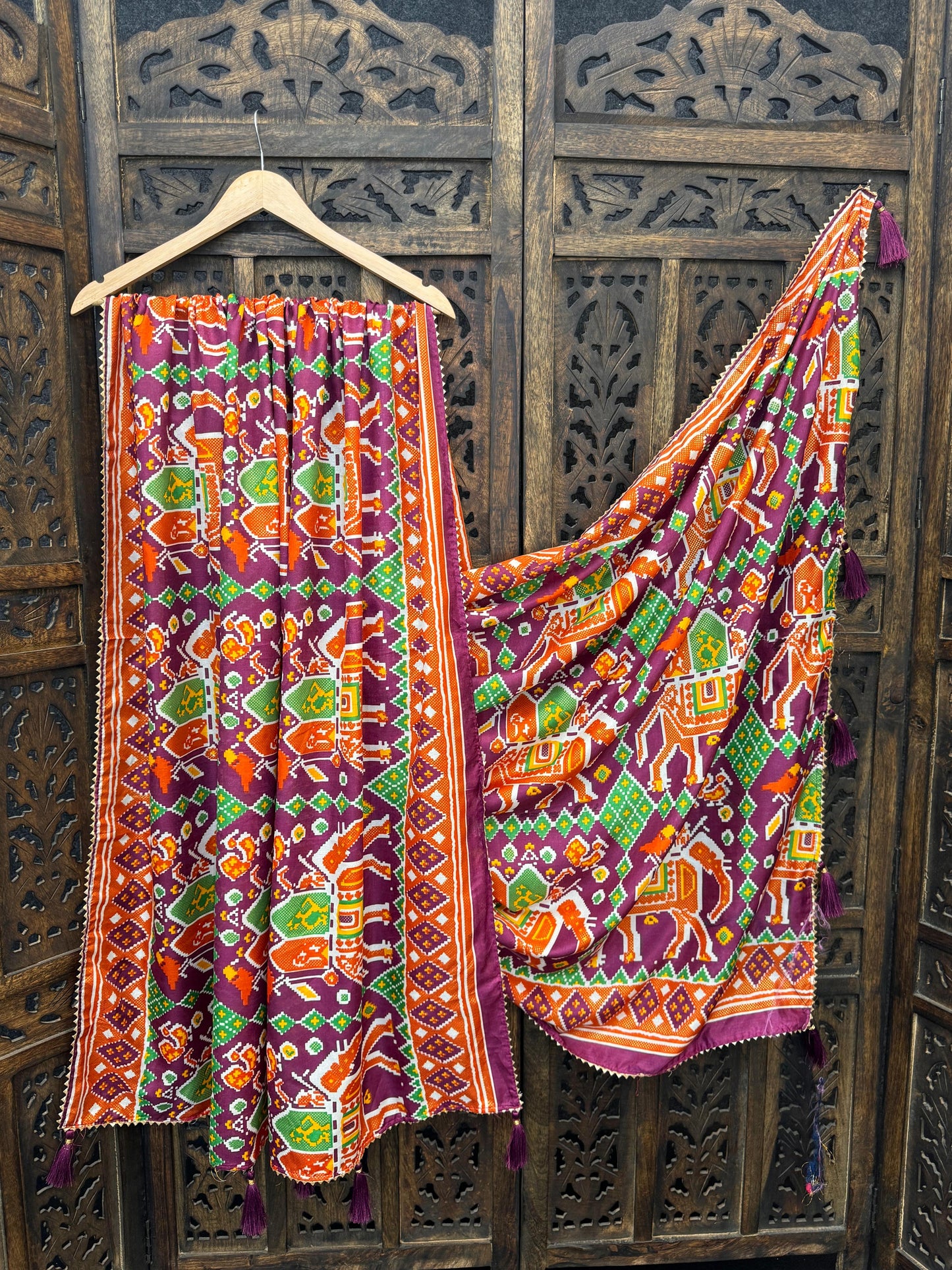 Printed Dola Silk Dupatta with Foil Work &amp; Tassels | Rivya Collection