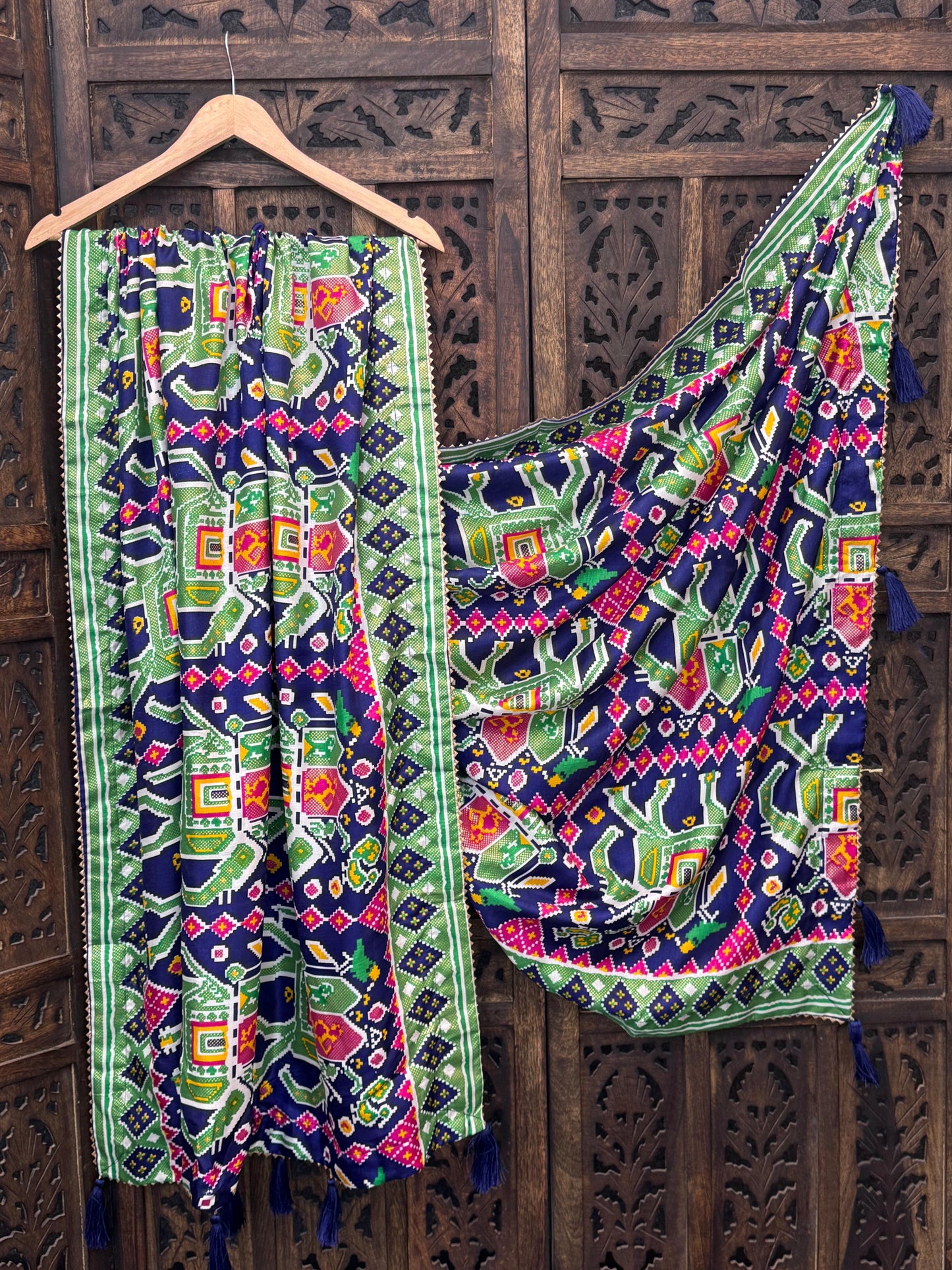 Printed Dola Silk Dupatta with Foil Work &amp; Tassels | Rivya Collection