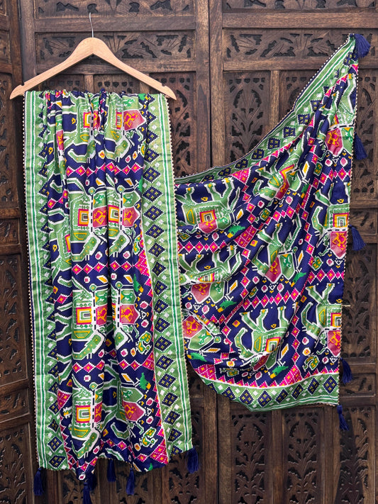 Printed Dola Silk Dupatta with Foil Work &amp; Tassels | Rivya Collection