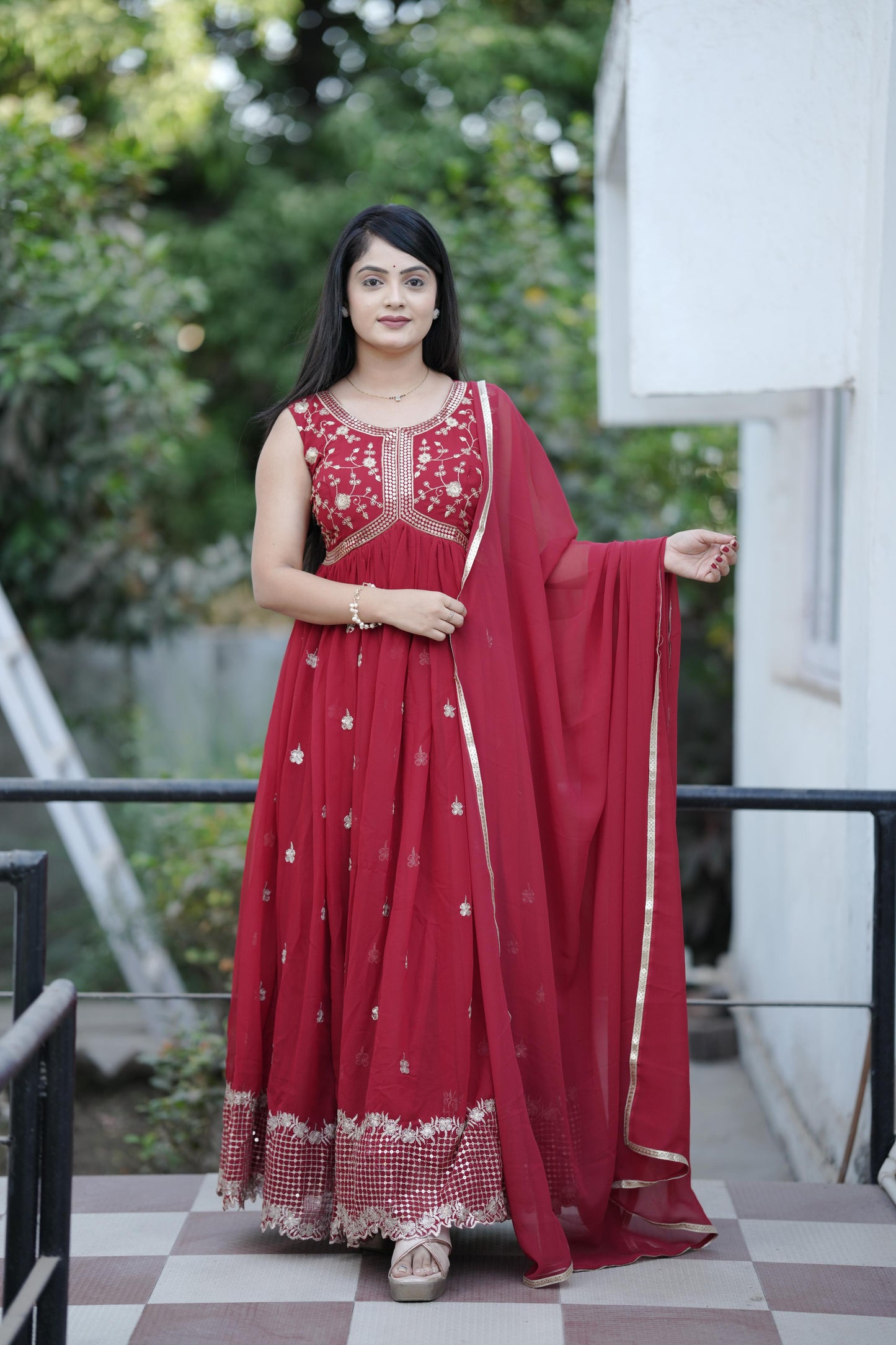 Aliya Cut Style Embroidered Georgette Gown with Dupatta