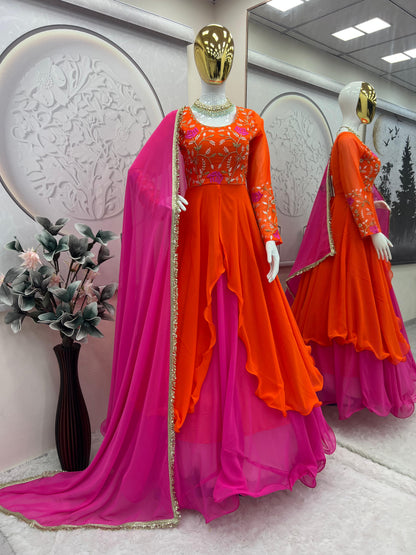 Pink & Orange Embroidered Anarkali Gown Set