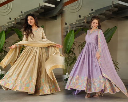 Elegant Off-White & Lavender Gown Set – Sequin Embroidered Party Wear