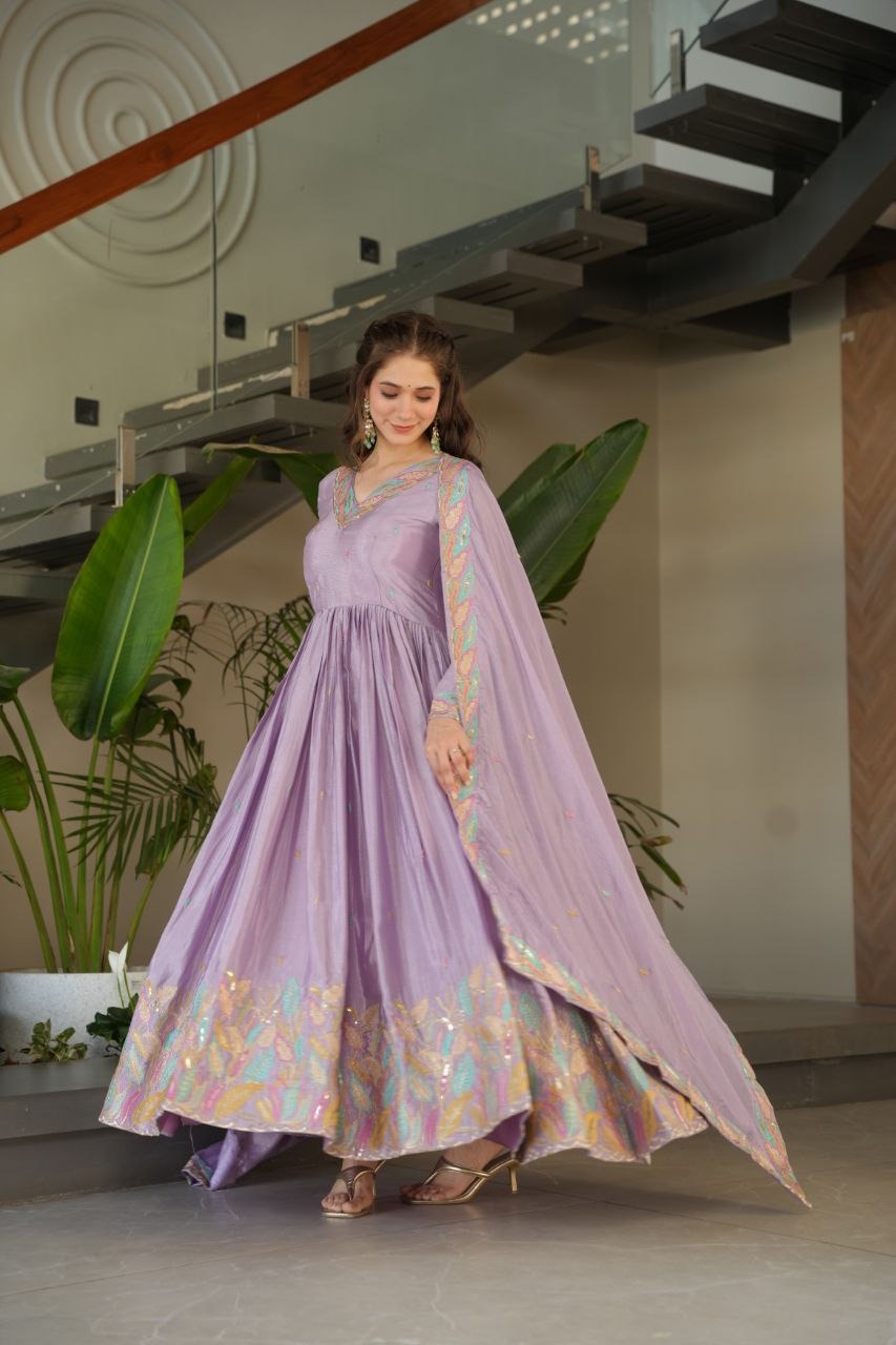 Elegant Off-White & Lavender Gown Set – Sequin Embroidered Party Wear