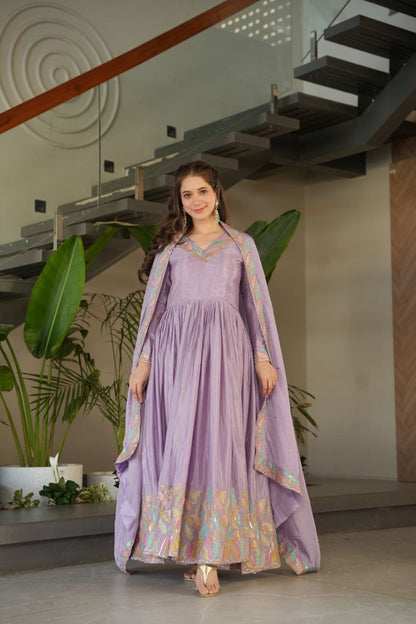 Elegant Off-White & Lavender Gown Set – Sequin Embroidered Party Wear
