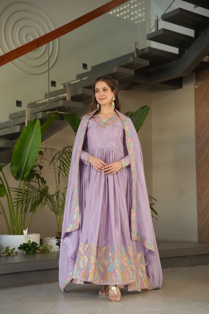 Elegant Off-White & Lavender Gown Set – Sequin Embroidered Party Wear