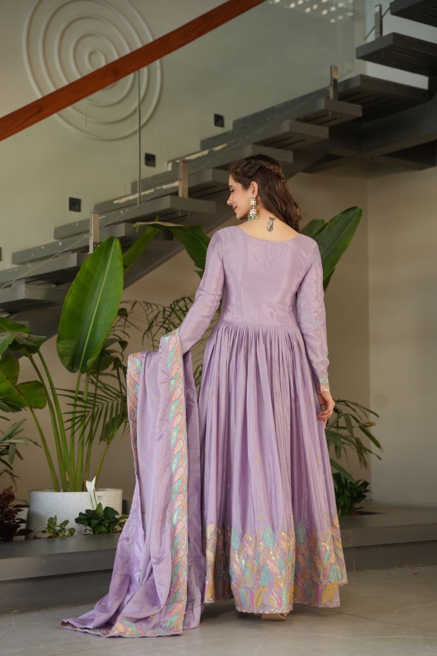 Elegant Off-White & Lavender Gown Set – Sequin Embroidered Party Wear
