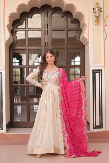 Elegant Party Wear Gown with Bandhani Dupatta – Cosmos Jacquard Embroidery
