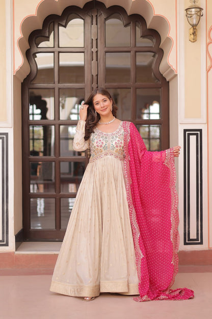Elegant Party Wear Gown with Bandhani Dupatta – Cosmos Jacquard Embroidery