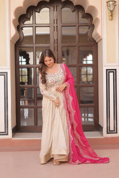 Elegant Party Wear Gown with Bandhani Dupatta – Cosmos Jacquard Embroidery
