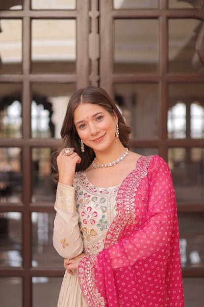 Elegant Party Wear Gown with Bandhani Dupatta – Cosmos Jacquard Embroidery