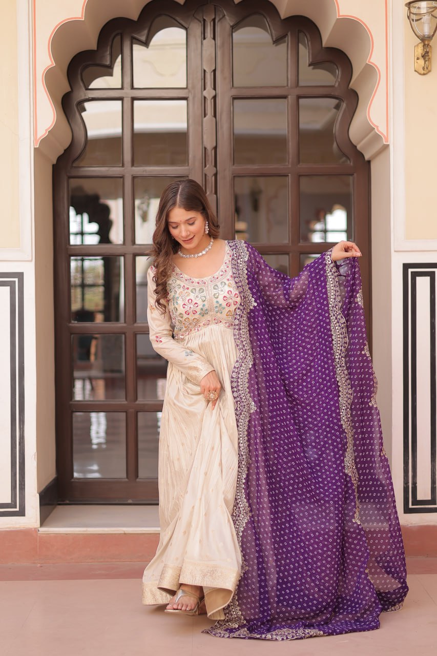 Elegant Party Wear Gown with Bandhani Dupatta – Cosmos Jacquard Embroidery
