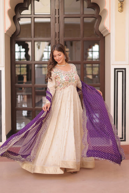 Elegant Party Wear Gown with Bandhani Dupatta – Cosmos Jacquard Embroidery