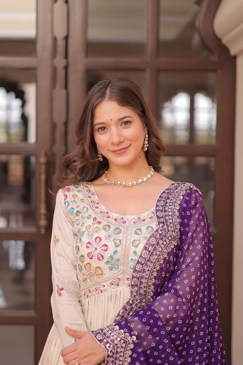 Elegant Party Wear Gown with Bandhani Dupatta – Cosmos Jacquard Embroidery