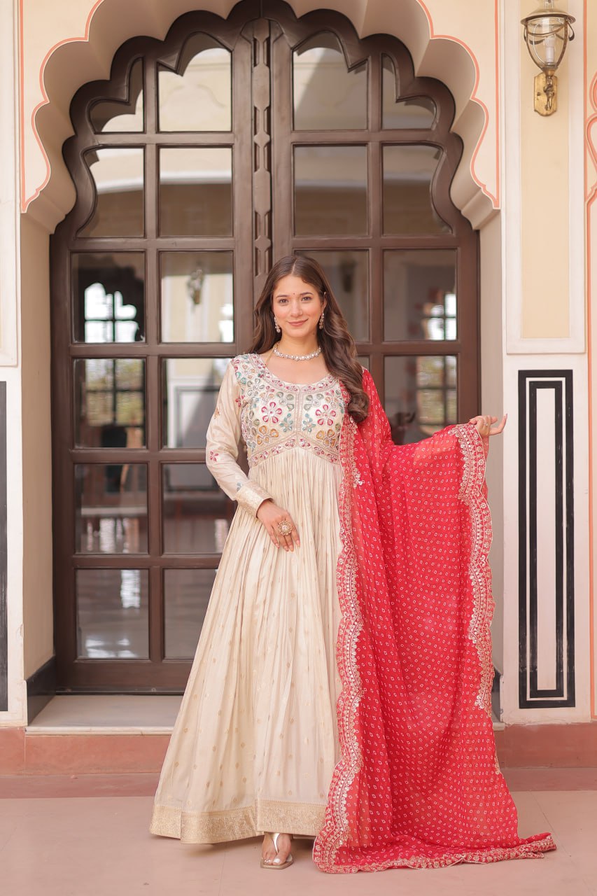 Elegant Party Wear Gown with Bandhani Dupatta – Cosmos Jacquard Embroidery