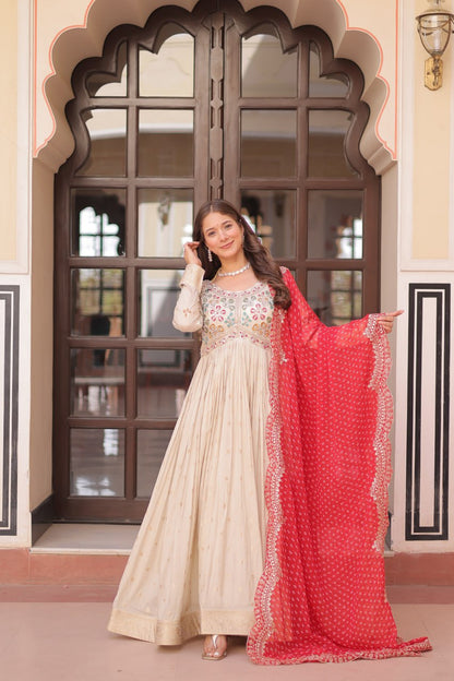 Elegant Party Wear Gown with Bandhani Dupatta – Cosmos Jacquard Embroidery