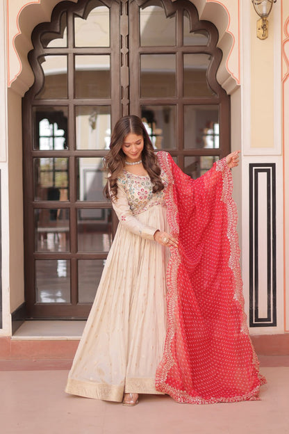 Elegant Party Wear Gown with Bandhani Dupatta – Cosmos Jacquard Embroidery