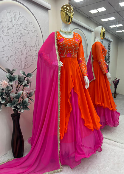 Pink & Orange Embroidered Anarkali Gown Set