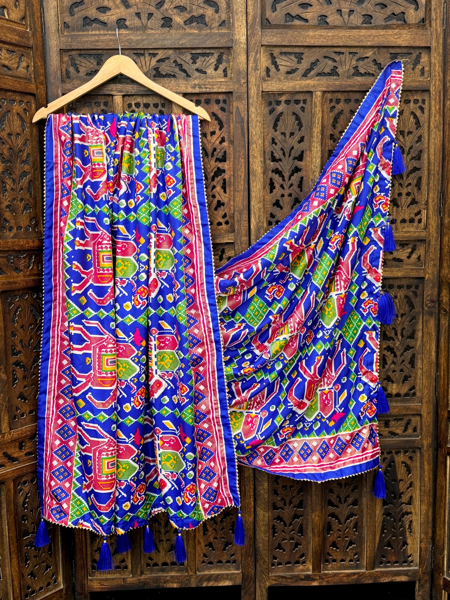 Printed Dola Silk Dupatta with Foil Work &amp; Tassels | Rivya Collection