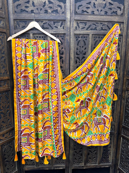 Printed Dola Silk Dupatta with Foil Work &amp; Tassels | Rivya Collection